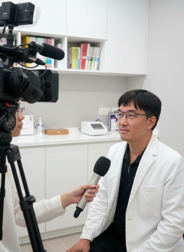 診間光影溫暖映照功能醫學理念與對話 醫師親切微笑說明功能醫學理念修復流程 自然光下閱讀手冊了解功能醫學理念主張