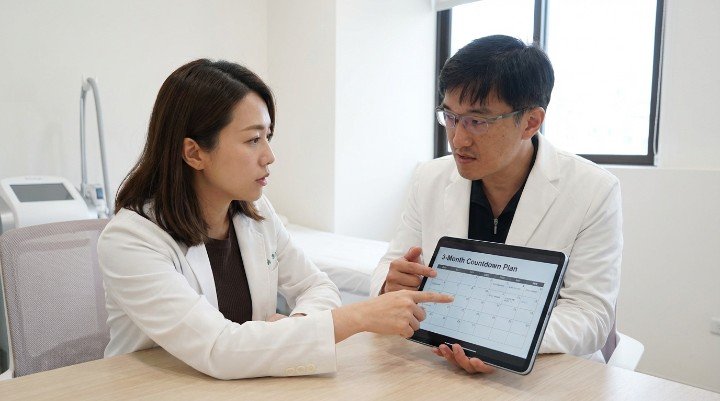 醫師說明免動刀體雕療程注意事項 患者接受免動刀體雕療程儀器操作 免動刀體雕療程前後腹部線條對比