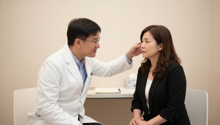 醫師於診間評估如何精準改善淚溝 專業醫護團隊諮詢說明改善淚溝流程 模擬解剖構造解析淚溝韌帶改善淚溝 法瑞診所先進設備輔助有效改善淚溝