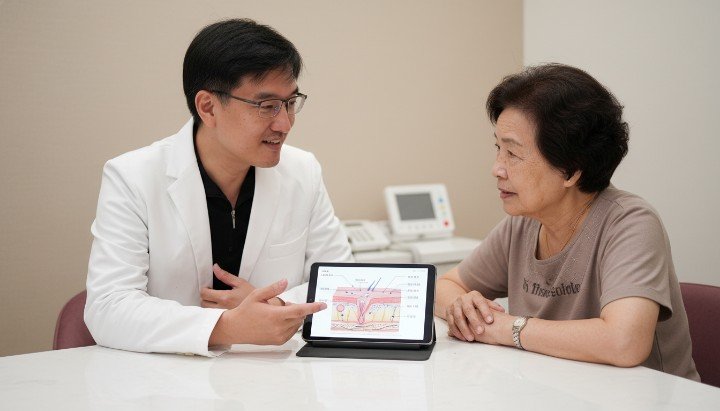 吳紹琥醫師正在示範如何利用外泌體修復受損的痘疤組織。 顯微鏡下的外泌體奈米級囊泡能有效傳遞皮膚再生訊號。 結合雷射治療與外泌體導入可大幅縮短術後的紅腫修復期。 透過外泌體新技術刺激纖維母細胞合成更多的膠原蛋白。