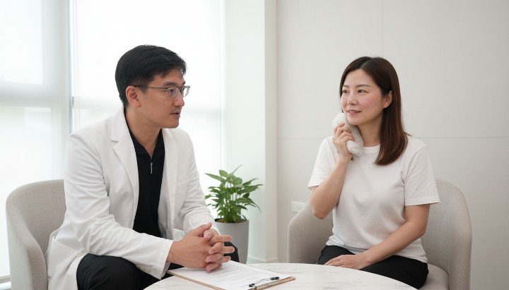 醫師在診間說明醫學美容恢復期要點 患者諮詢皮秒雷射醫學美容恢復期時間 術後正確塗抹防曬應對醫學美容恢復期 肉毒桿菌注射後的醫學美容恢復期護理