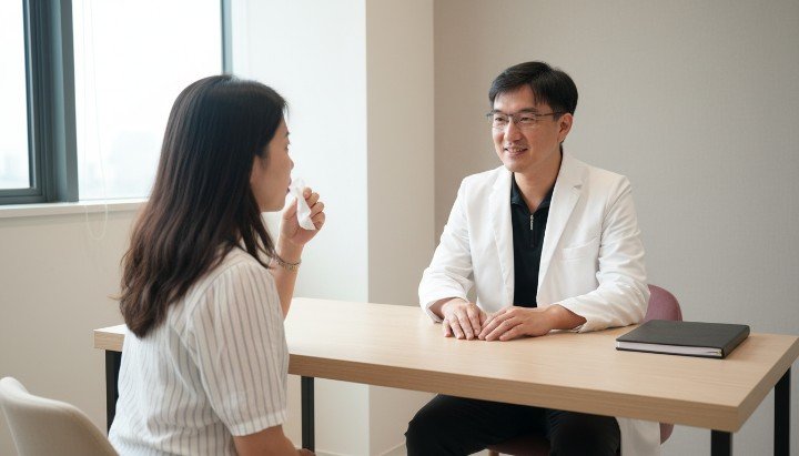 [1]醫師於診所為患者解說埋線拉提力學原理 [2]展現自然緊緻輪廓的埋線拉提術後示意圖 [3]醫學儀器搭配埋線拉提改善臉部下垂現況 [4]呈現V臉線條比例的埋線拉提設計稿圖像