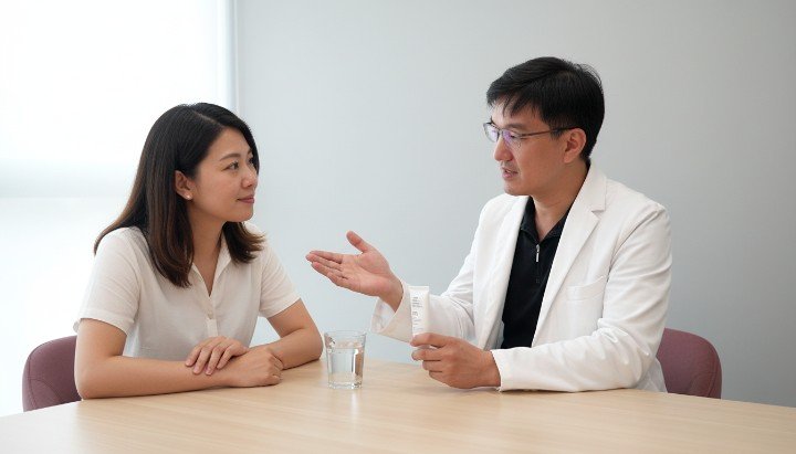 診所醫師詳細說明不開刀消除眼袋的具體流程 患者進行眼部諮詢以達成不開刀消除眼袋效果 透過玻尿酸注射示範不開刀消除眼袋微整技術 比較日常保養與醫美不開刀消除眼袋的明顯差異