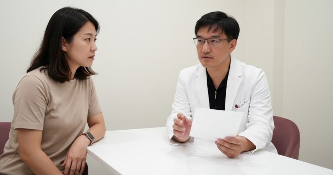 吳芮醫師在診所內介紹斷食減重技巧，燈光明亮，專注的表情。
