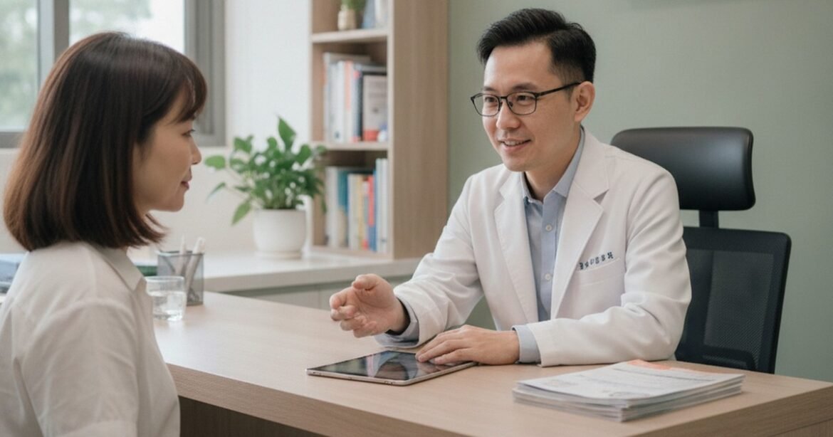 吳芮醫師於診間詳細解說無痕筋膜拉提流程總整理，陽光透過窗戶灑落。
