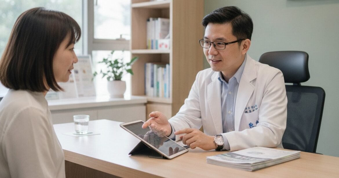吳芮醫師重點案例分享：醫師在諮詢室中，專注分析患者臉部下垂問題。